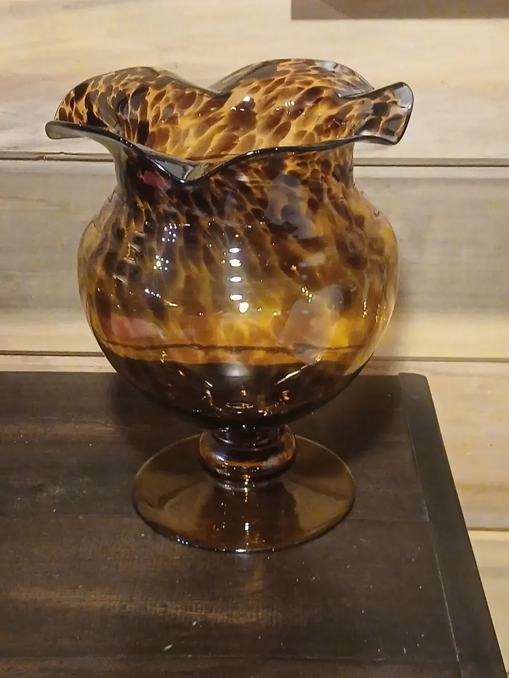 Vintage MCM Tortoiseshell Art Glass Pedestal Vase Ruffled Rim Apothecary Urn